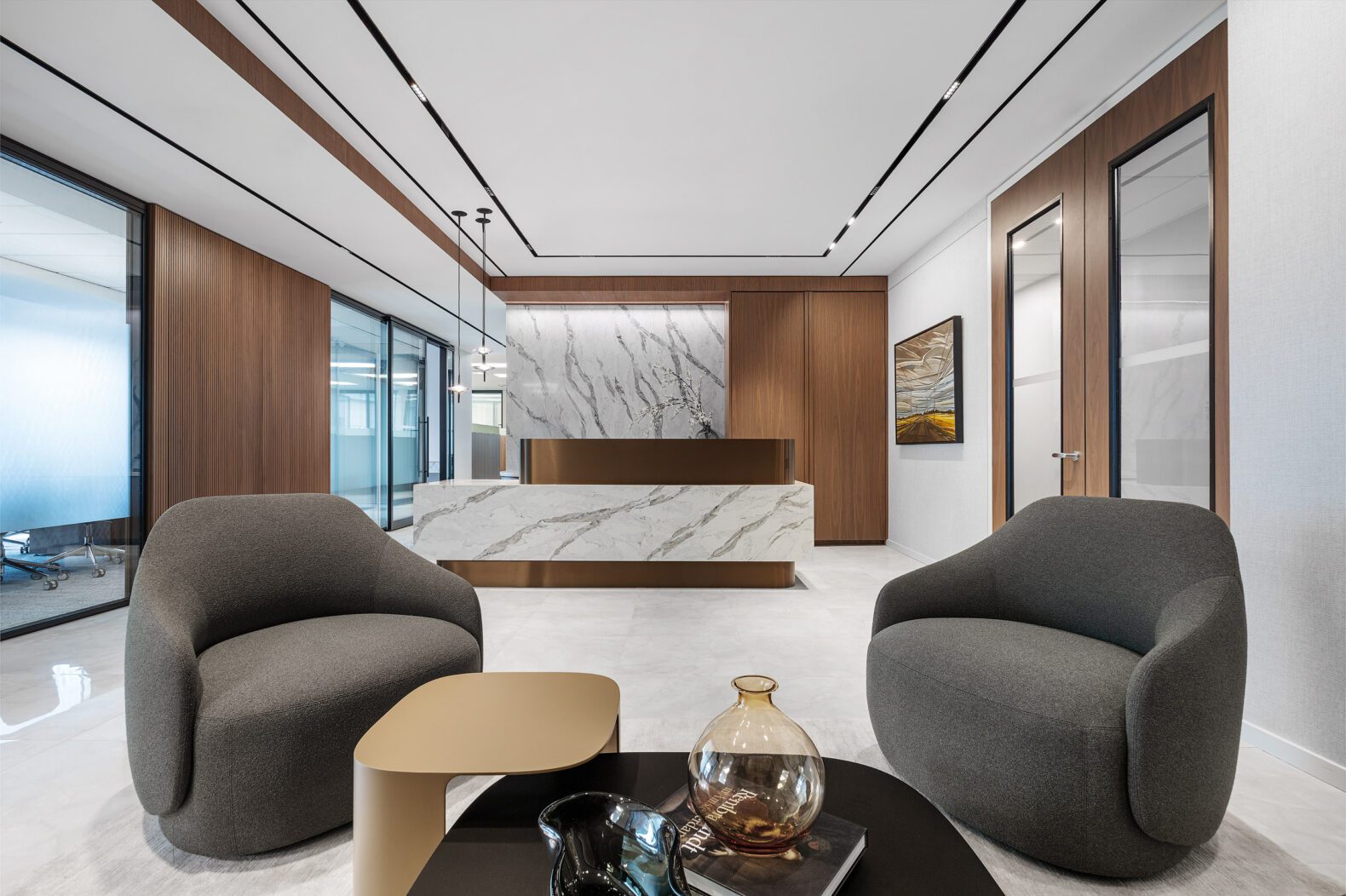 Corporate office reception with wood and marble finishes