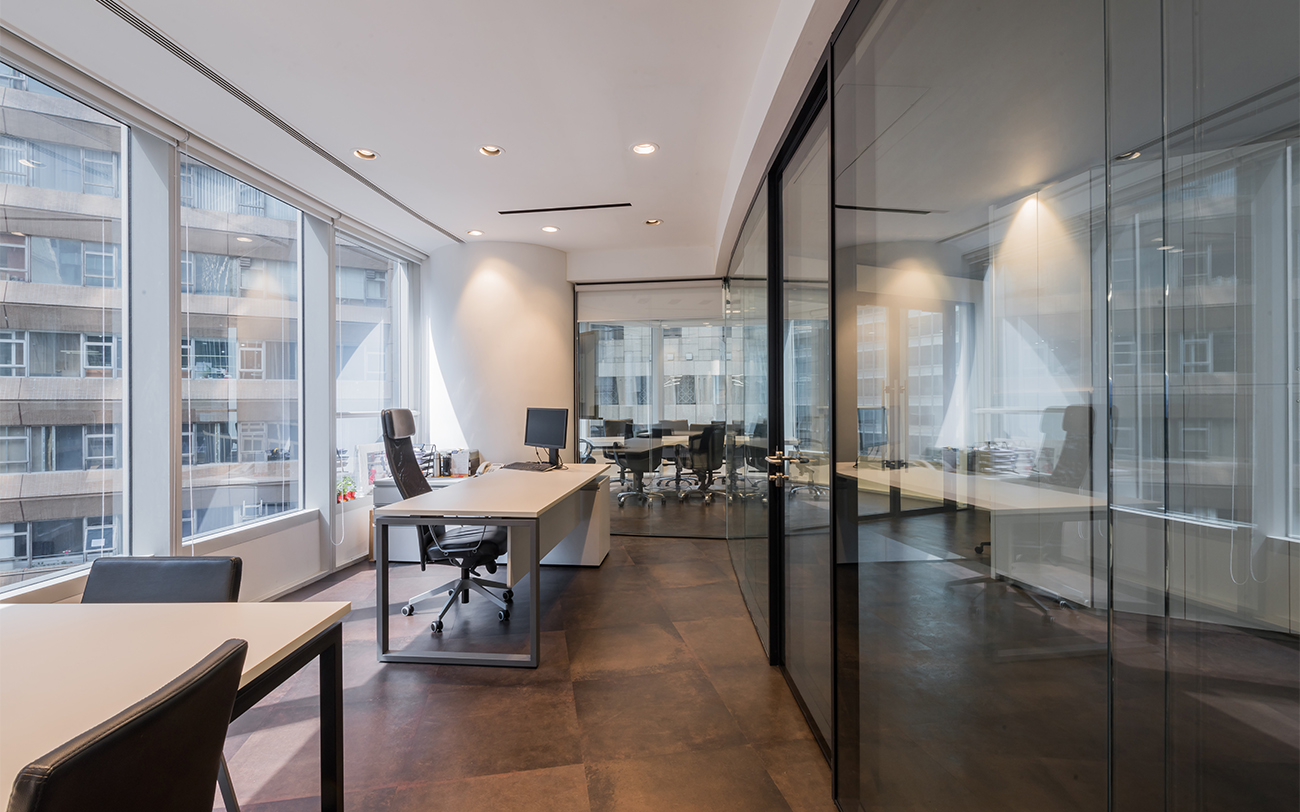 Workplace interior with glass partitions